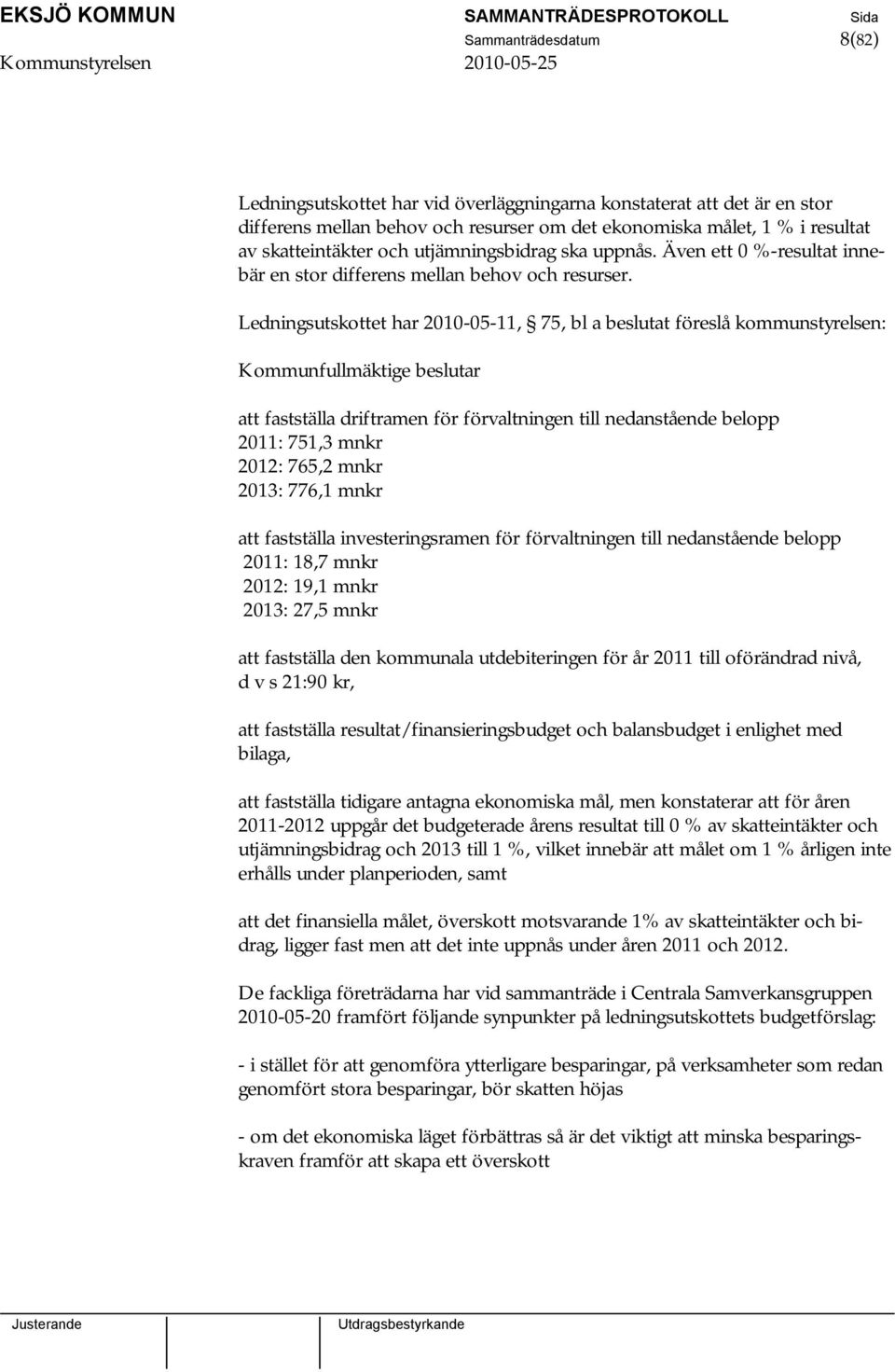 Ledningsutskottet har 2010-05-11, 75, bl a beslutat föreslå kommunstyrelsen: Kommunfullmäktige beslutar att fastställa driftramen för förvaltningen till nedanstående belopp 2011: 751,3 mnkr 2012: