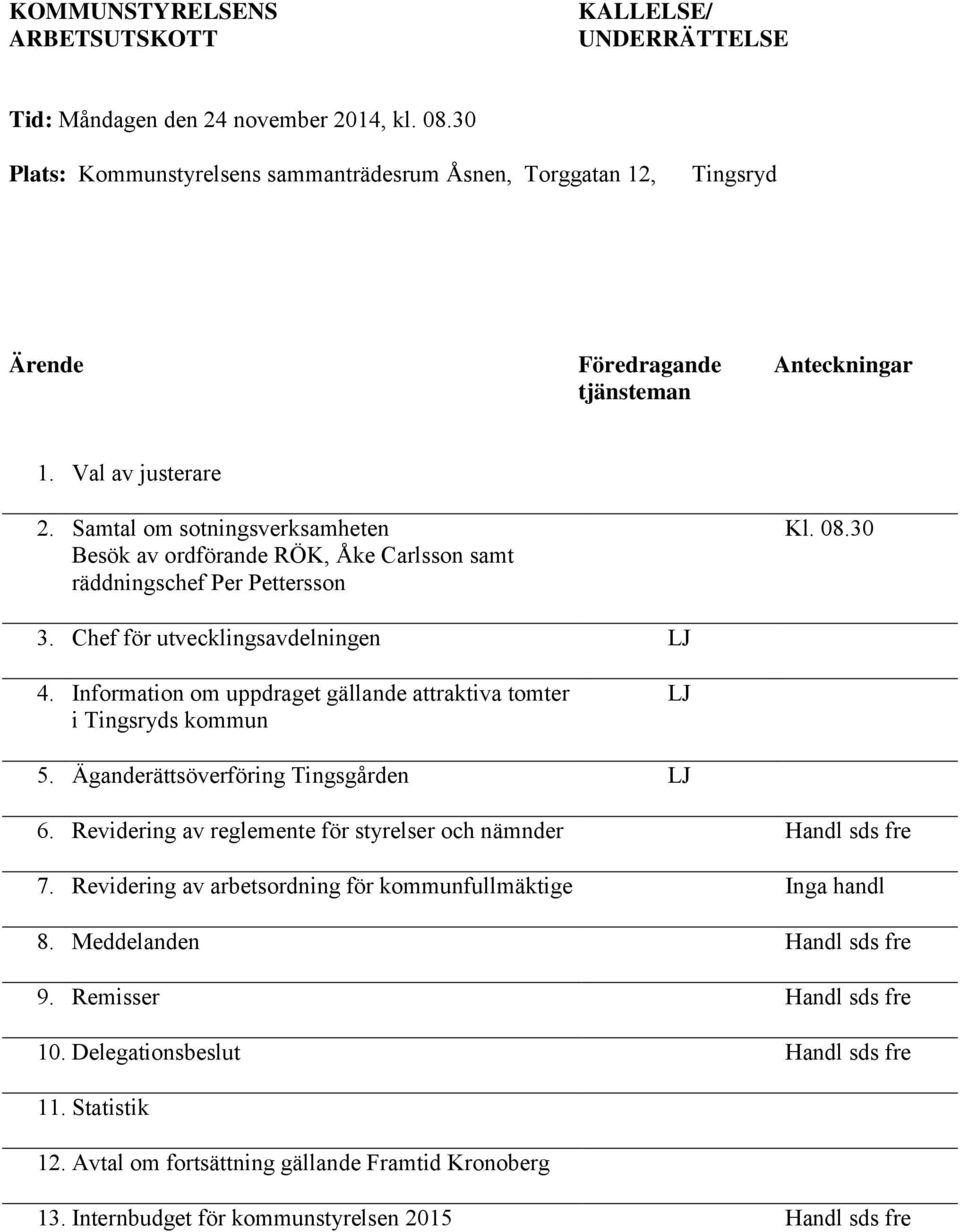 Samtal om sotningsverksamheten Besök av ordförande RÖK, Åke Carlsson samt räddningschef Per Pettersson Kl. 08.30 3. Chef för utvecklingsavdelningen LJ 4.