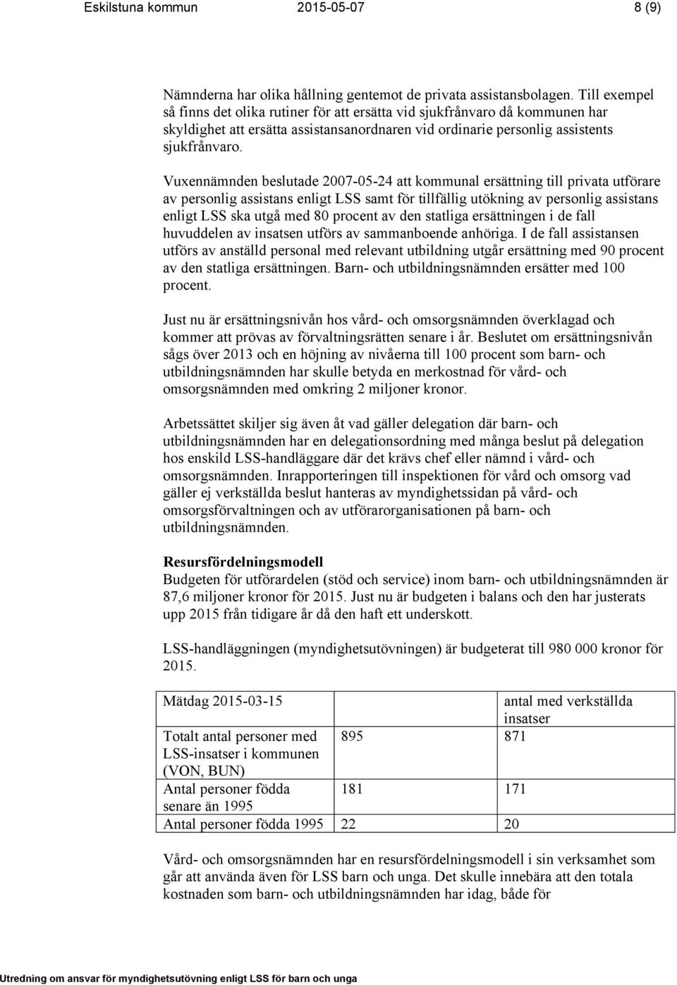 Vuxennämnden beslutade 2007-05-24 att kommunal ersättning till privata utförare av personlig assistans enligt LSS samt för tillfällig utökning av personlig assistans enligt LSS ska utgå med 80