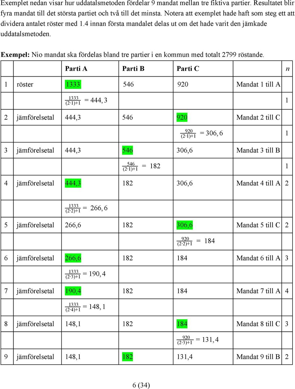 Exempel: Nio mandat ska fördelas bland tre partier i en kommun med totalt 2799 röstande.