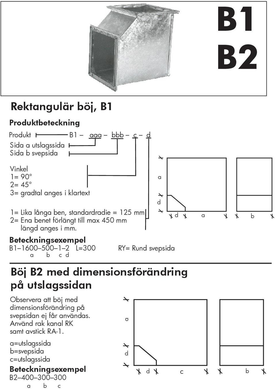 B1 1600 500 1 2 L=300 c d Böj B2 med dimensionsförändring på utslgssidn Oserver tt öj med dimensionsförändring på