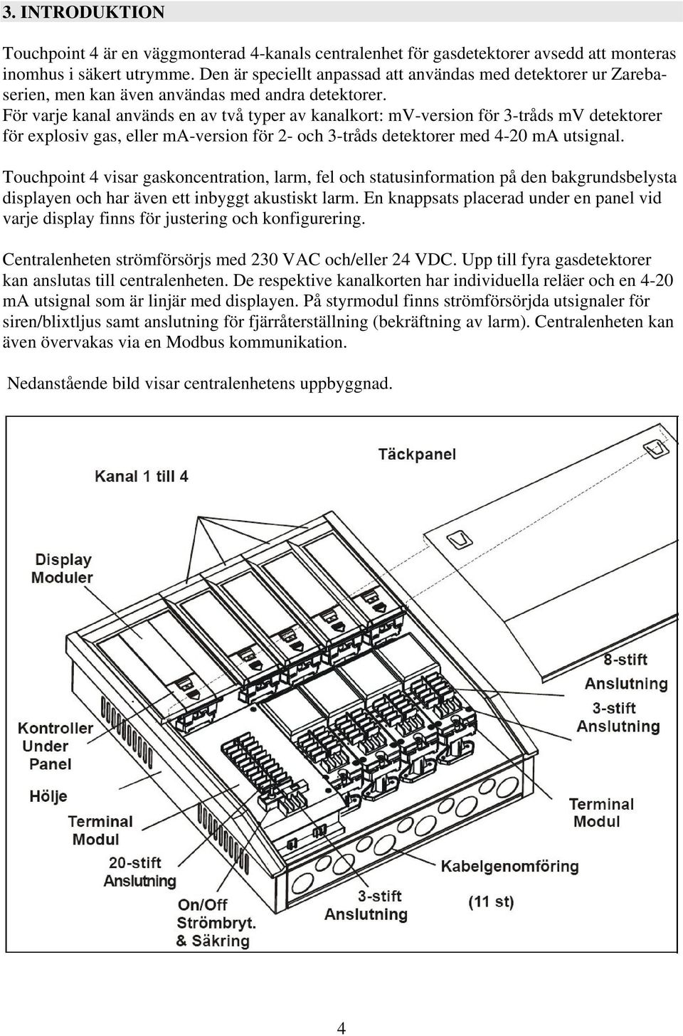 För varje kanal används en av två typer av kanalkort: mv-version för 3-tråds mv detektorer för explosiv gas, eller ma-version för 2- och 3-tråds detektorer med 4-20 ma utsignal.