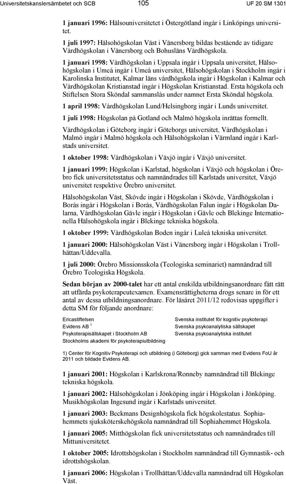 1 januari 1998: Vårdhögskolan i Uppsala ingår i Uppsala universitet, Hälsohögskolan i Umeå ingår i Umeå universitet, Hälsohögskolan i Stockholm ingår i Karolinska Institutet, Kalmar läns vårdhögskola