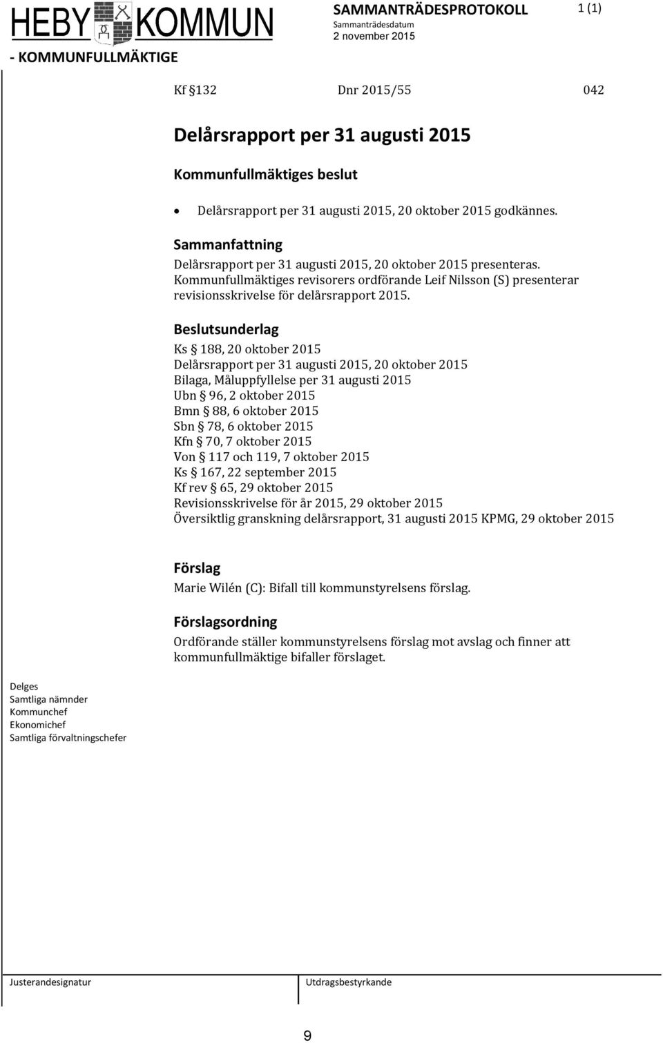 Beslutsunderlag Ks 188, 20 oktober 2015 Delårsrapport per 31 augusti 2015, 20 oktober 2015 Bilaga, Måluppfyllelse per 31 augusti 2015 Ubn 96, 2 oktober 2015 Bmn 88, 6 oktober 2015 Sbn 78, 6 oktober