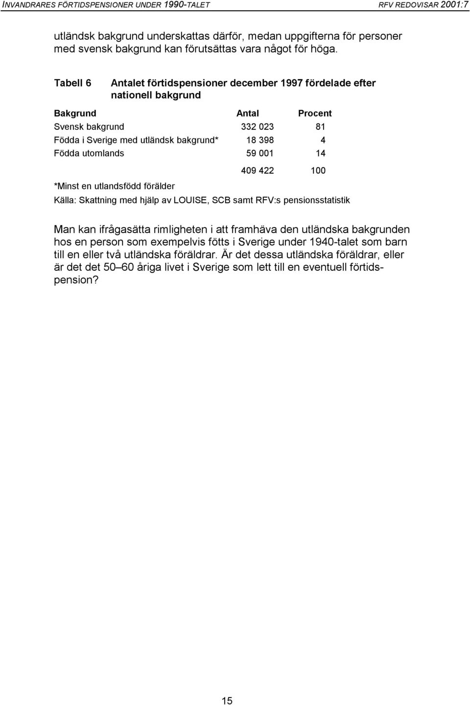 utomlands 59 1 14 49 422 1 *Minst en utlandsfödd förälder Källa: Skattning med hjälp av LOUISE, SCB samt RFV:s pensionsstatistik Man kan ifrågasätta rimligheten i att framhäva den