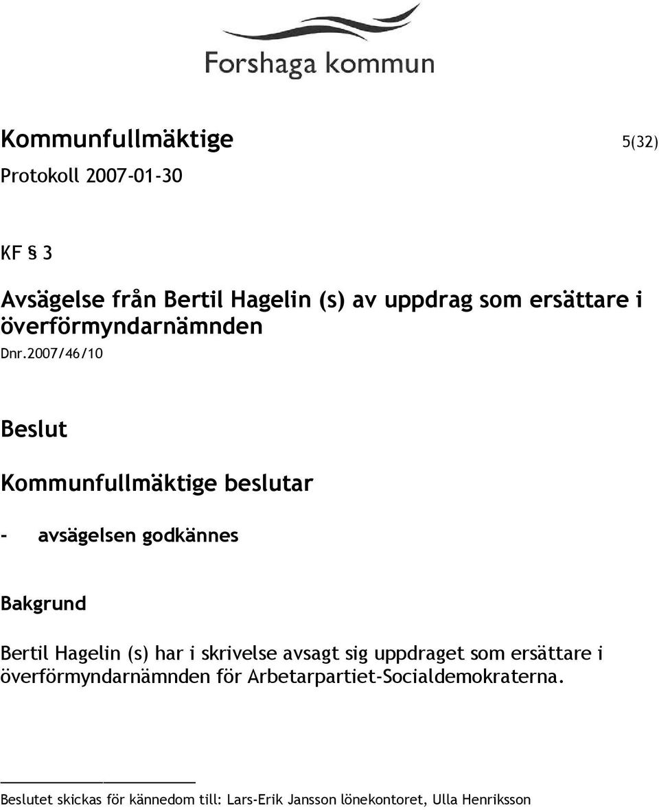 2007/46/10 - avsägelsen godkännes Bertil Hagelin (s) har i skrivelse avsagt sig uppdraget