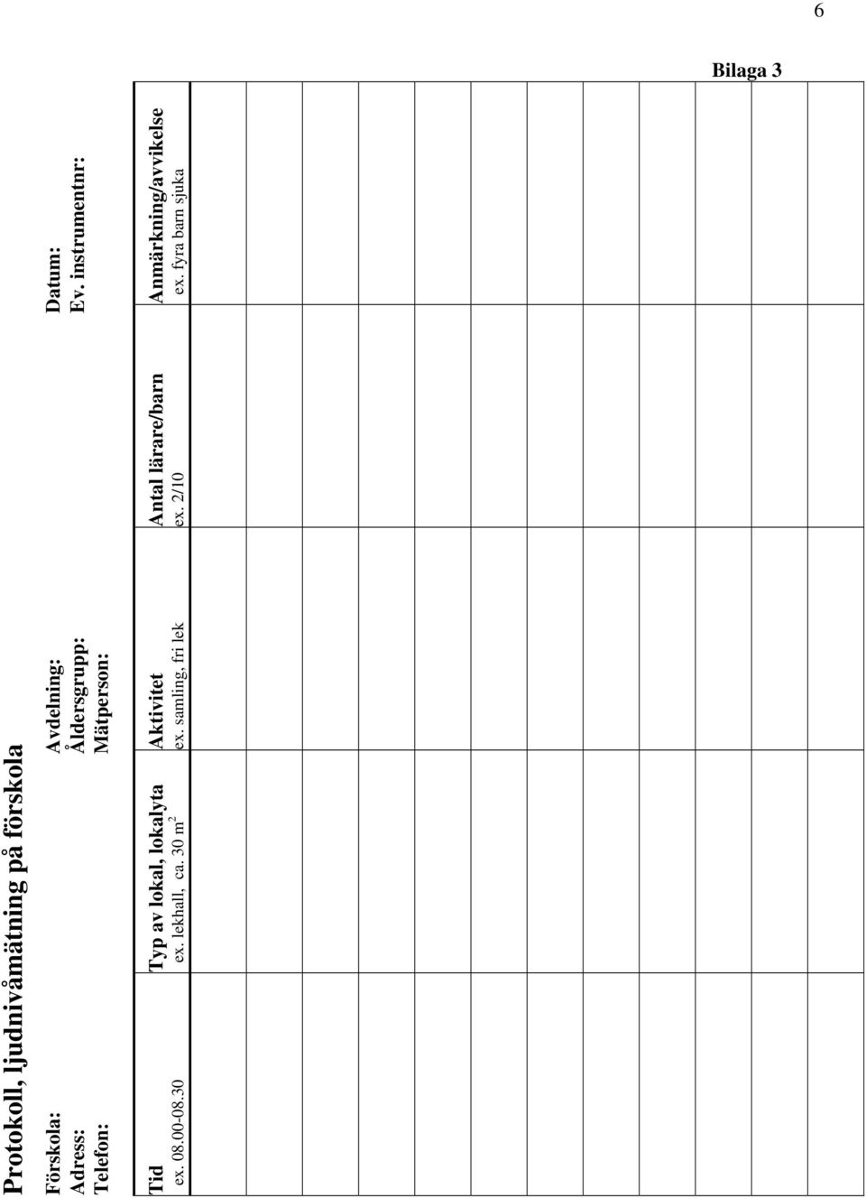08.00-08.30 Typ av lokal, lokalyta ex. lekhall, ca. 30 m 2 Aktivitet ex.