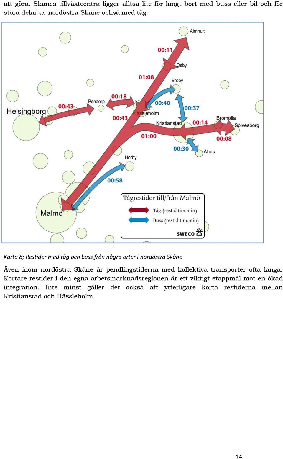 tåg. Karta 8; Restider med tåg och buss från några orter i nordöstra Skåne Även inom nordöstra Skåne är pendlingstiderna