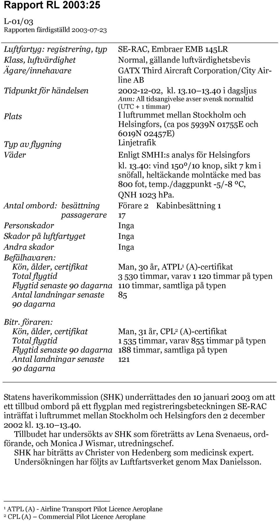 föraren: Kön, ålder, certifikat Total flygtid Flygtid senaste 90 dagarna Antal landningar senaste 90 dagarna SE-RAC, Embraer EMB 145LR Normal, gällande luftvärdighetsbevis GATX Third Aircraft