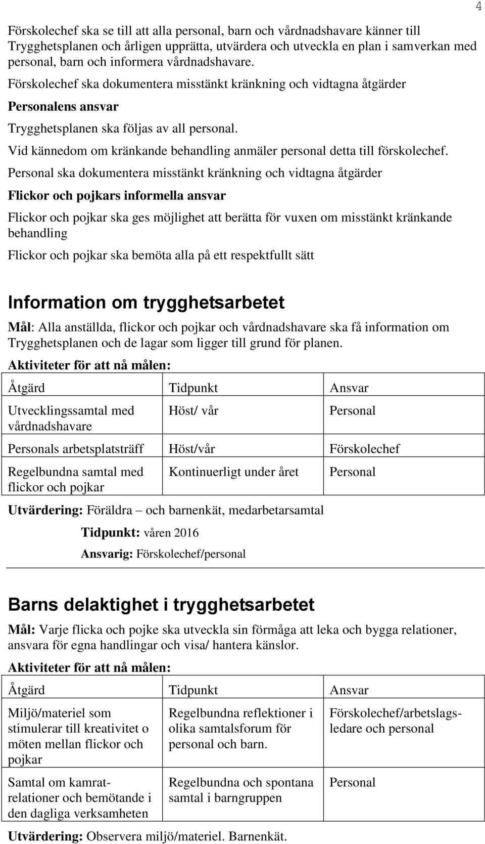 Vid kännedom om kränkande behandling anmäler personal detta till förskolechef.