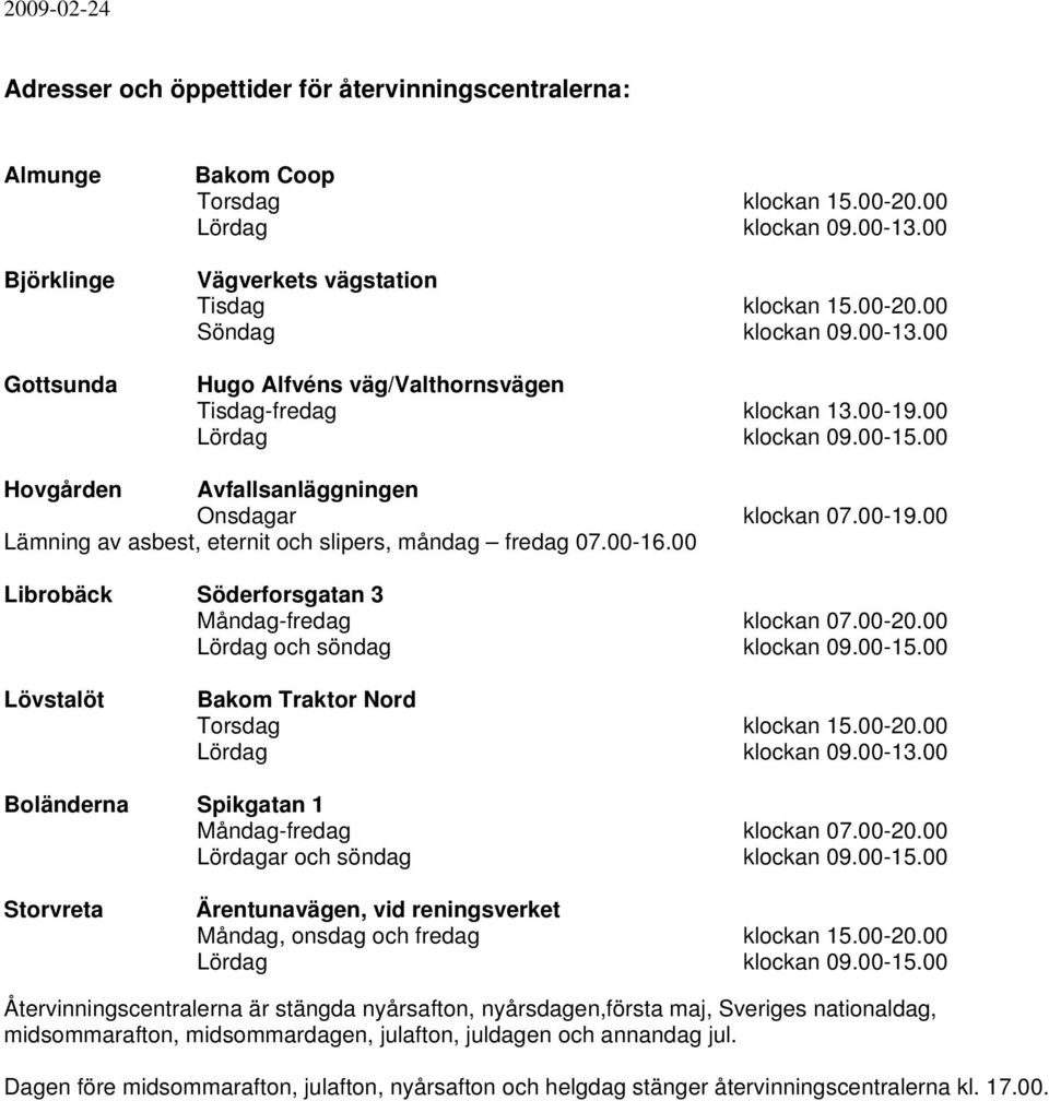 00-16.00 Librobäck Söderforsgatan 3 Måndag-fredag klockan 07.00-20.00 Lördag och söndag klockan 09.00-15.00 Lövstalöt Bakom Traktor Nord Torsdag klockan 15.00-20.00 Lördag klockan 09.00-13.