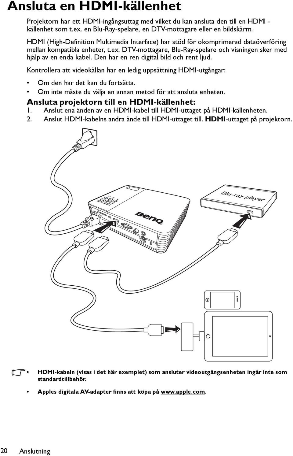 Den har en ren digital bild och rent ljud. Kontrollera att videokällan har en ledig uppsättning HDMI-utgångar: Om den har det kan du fortsätta.