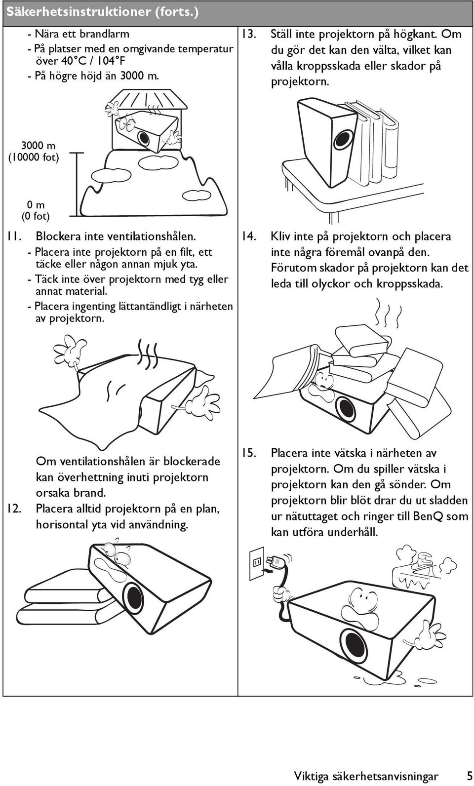 - Placera inte projektorn på en filt, ett täcke eller någon annan mjuk yta. - Täck inte över projektorn med tyg eller annat material. - Placera ingenting lättantändligt i närheten av projektorn. 14.