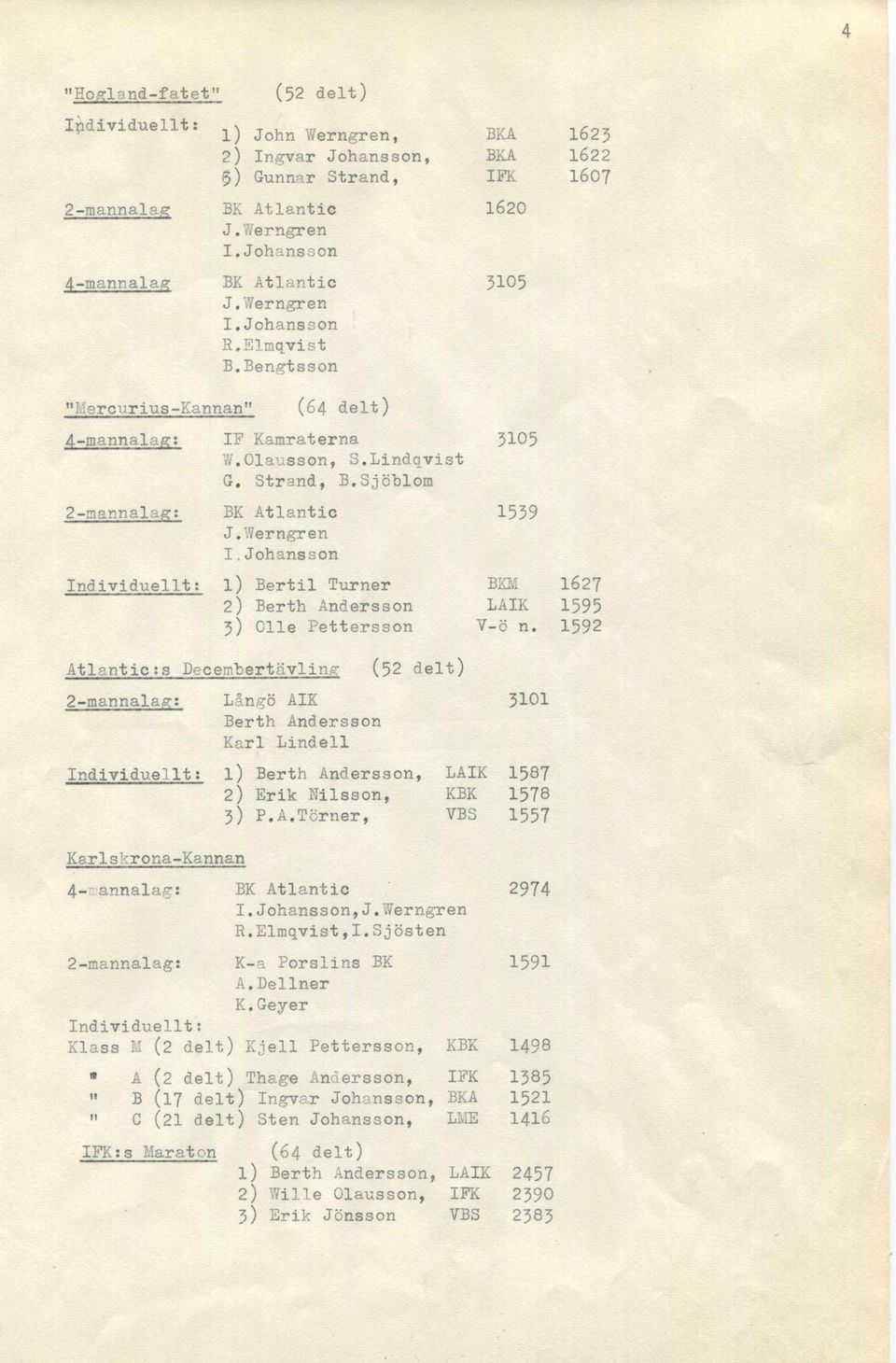 Werngren I,Johansson 1) Bertil Turner 2) Berth Andersson 3) Olle Pettersson BKA BKA IFK 1620 3105 3105 1539 BKM LAIK V-ö n.