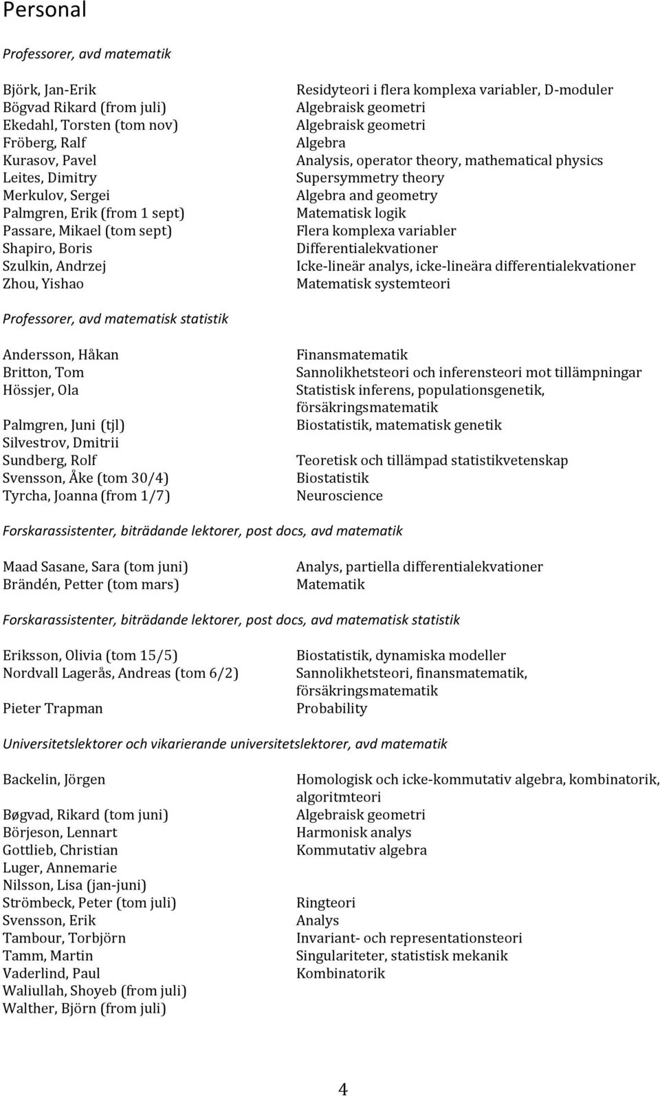 mathematical physics Supersymmetry theory Algebra and geometry Matematisk logik Flera komplexa variabler Differentialekvationer Icke-lineär analys, icke-lineära differentialekvationer Matematisk