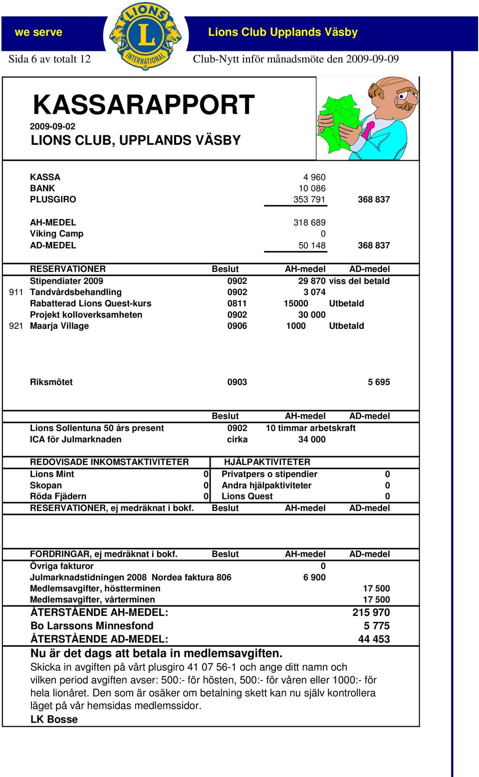 kolloverksamheten 0902 30 000 921 Maarja Village 0906 1000 Utbetald Riksmötet 0903 5 695 Beslut AH-medel AD-medel Lions Sollentuna 50 års present 0902 10 timmar arbetskraft ICA för Julmarknaden cirka