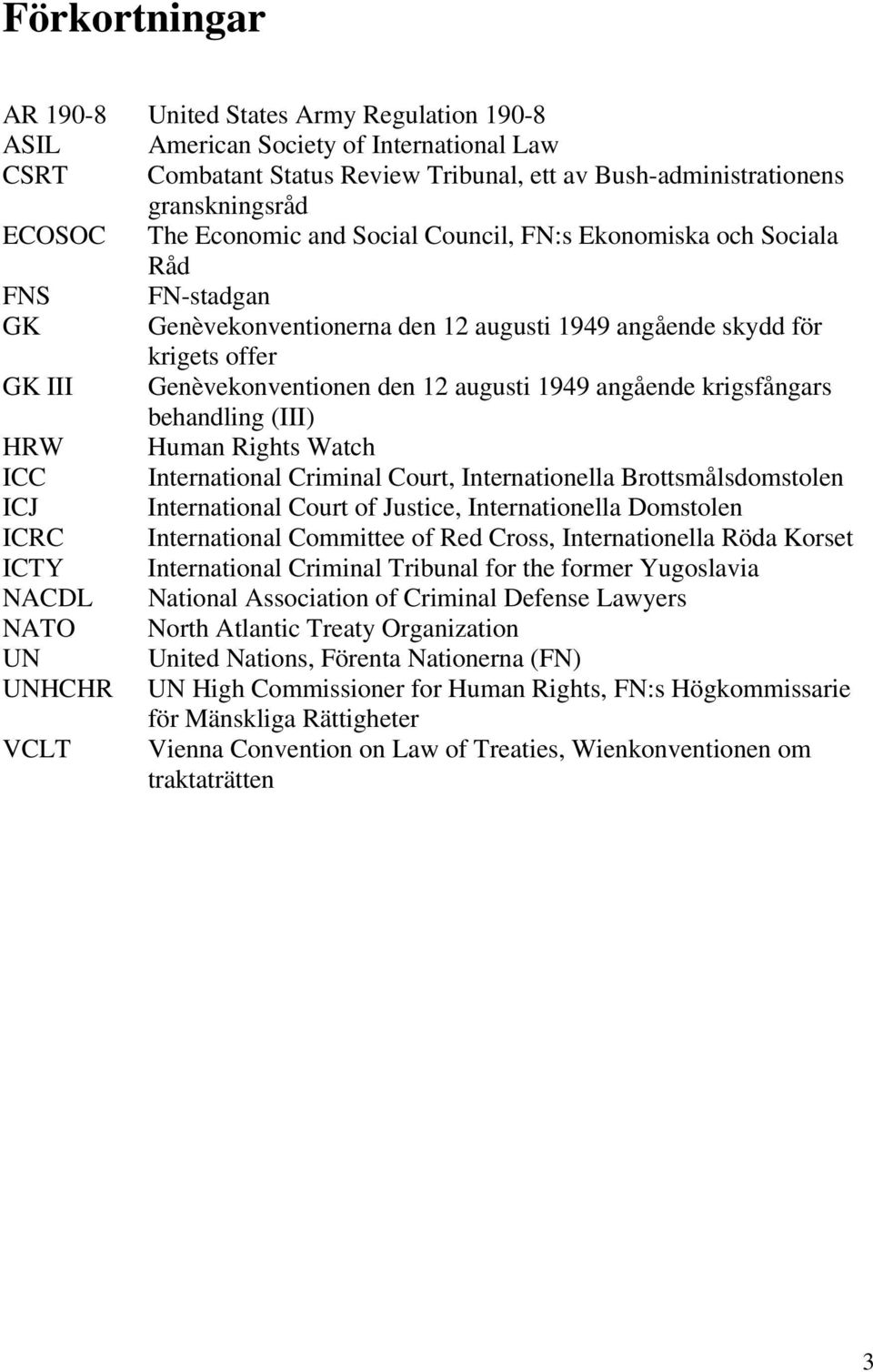 angående krigsfångars behandling (III) HRW Human Rights Watch ICC International Criminal Court, Internationella Brottsmålsdomstolen ICJ International Court of Justice, Internationella Domstolen ICRC