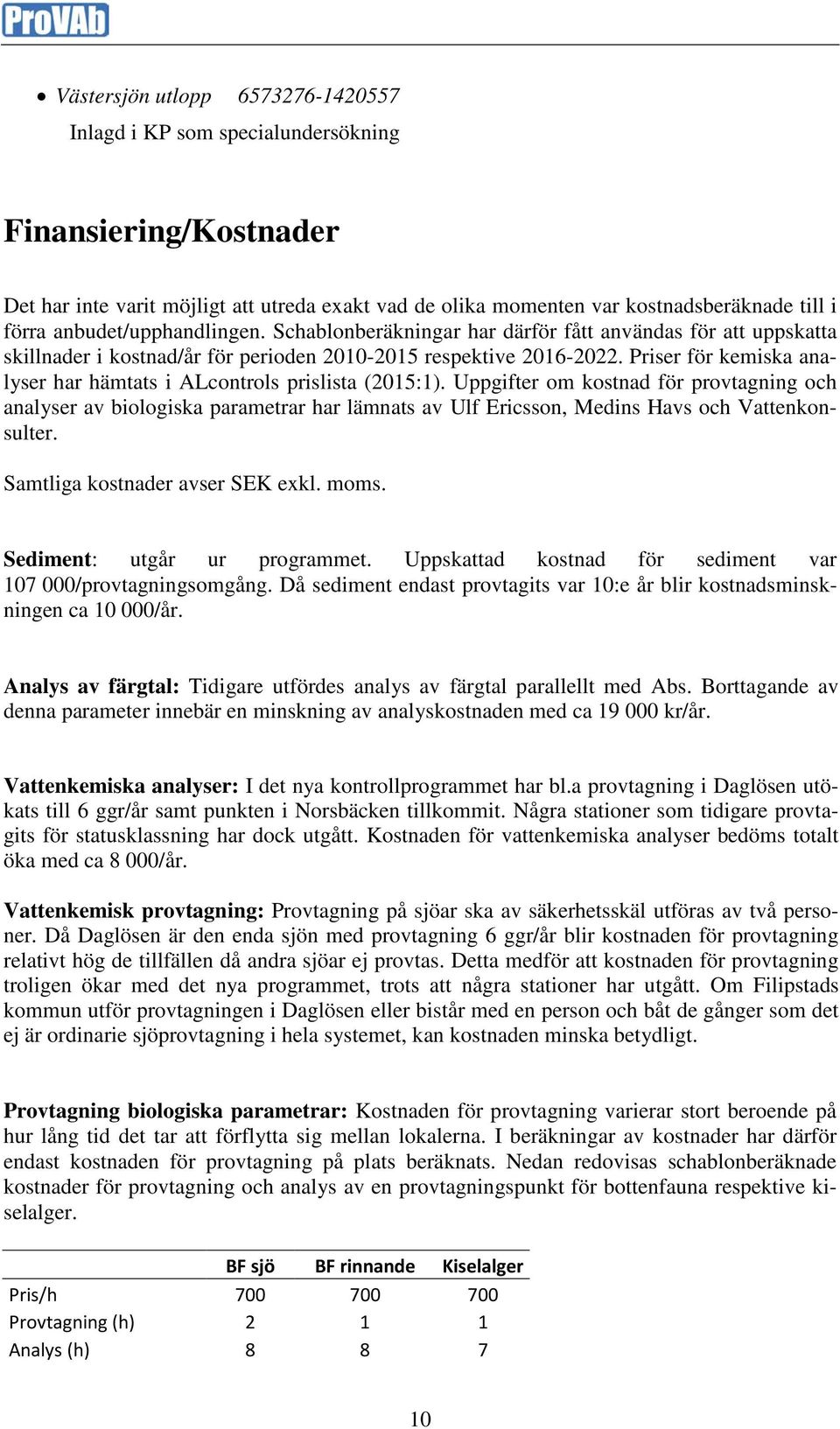 Priser för kemiska analyser har hämtats i ALcontrols prislista (2015:1).