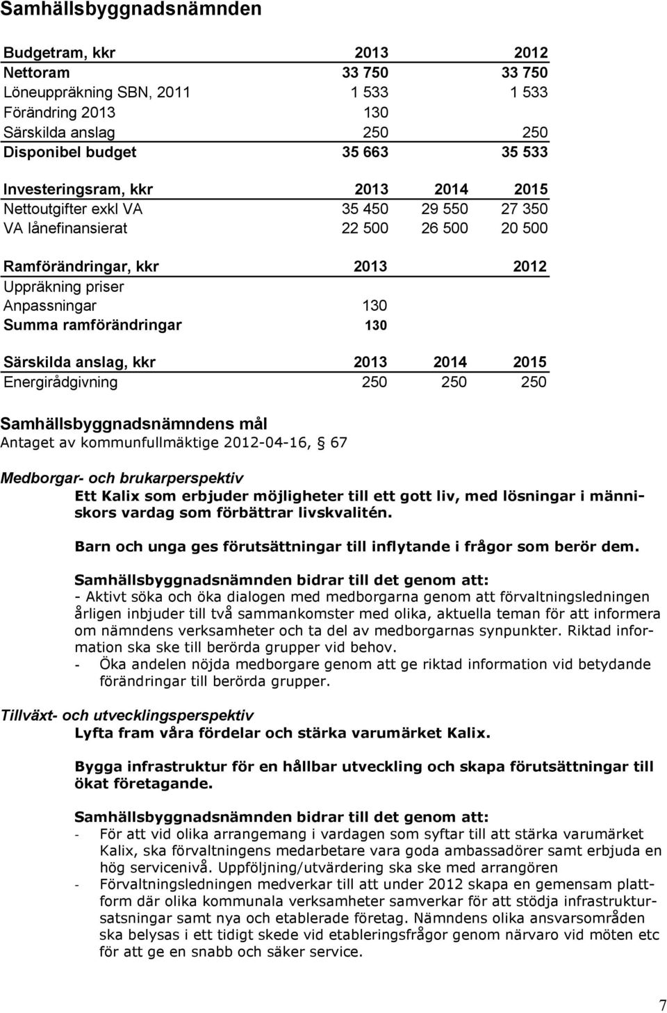 ramförändringar 130 Särskilda anslag, kkr 2013 2014 2015 Energirådgivning 250 250 250 Samhällsbyggnadsnämndens mål Antaget av kommunfullmäktige 2012-04-16, 67 Medborgar- och brukarperspektiv Ett