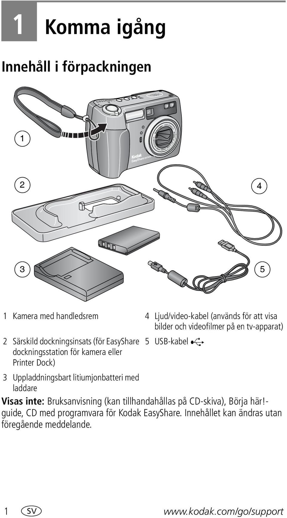 Dock) 3 Uppladdningsbart litiumjonbatteri med laddare Visas inte: Bruksanvisning (kan tillhandahållas på CD-skiva), Börja här!