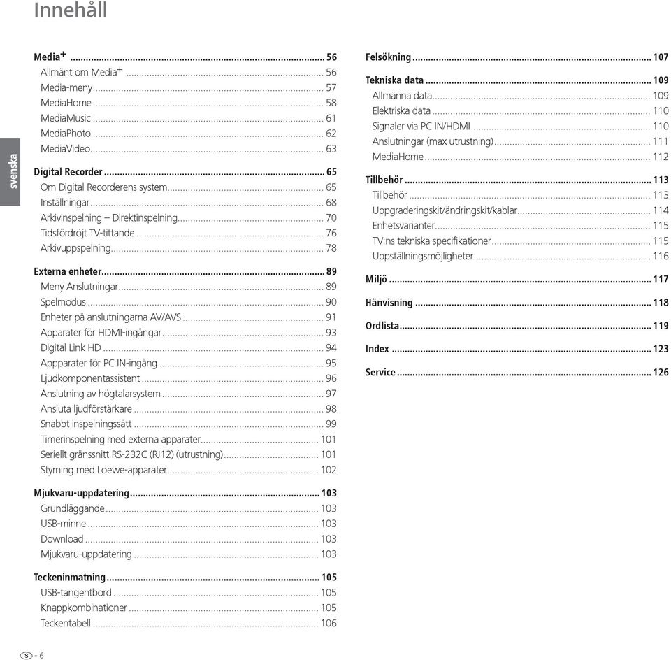 .. 90 Enheter på anslutningarna AV/AVS... 91 Apparater för HDMI-ingångar... 93 Digital Link HD... 94 Appparater för PC IN-ingång... 95 Ljudkomponentassistent... 96 Anslutning av högtalarsystem.