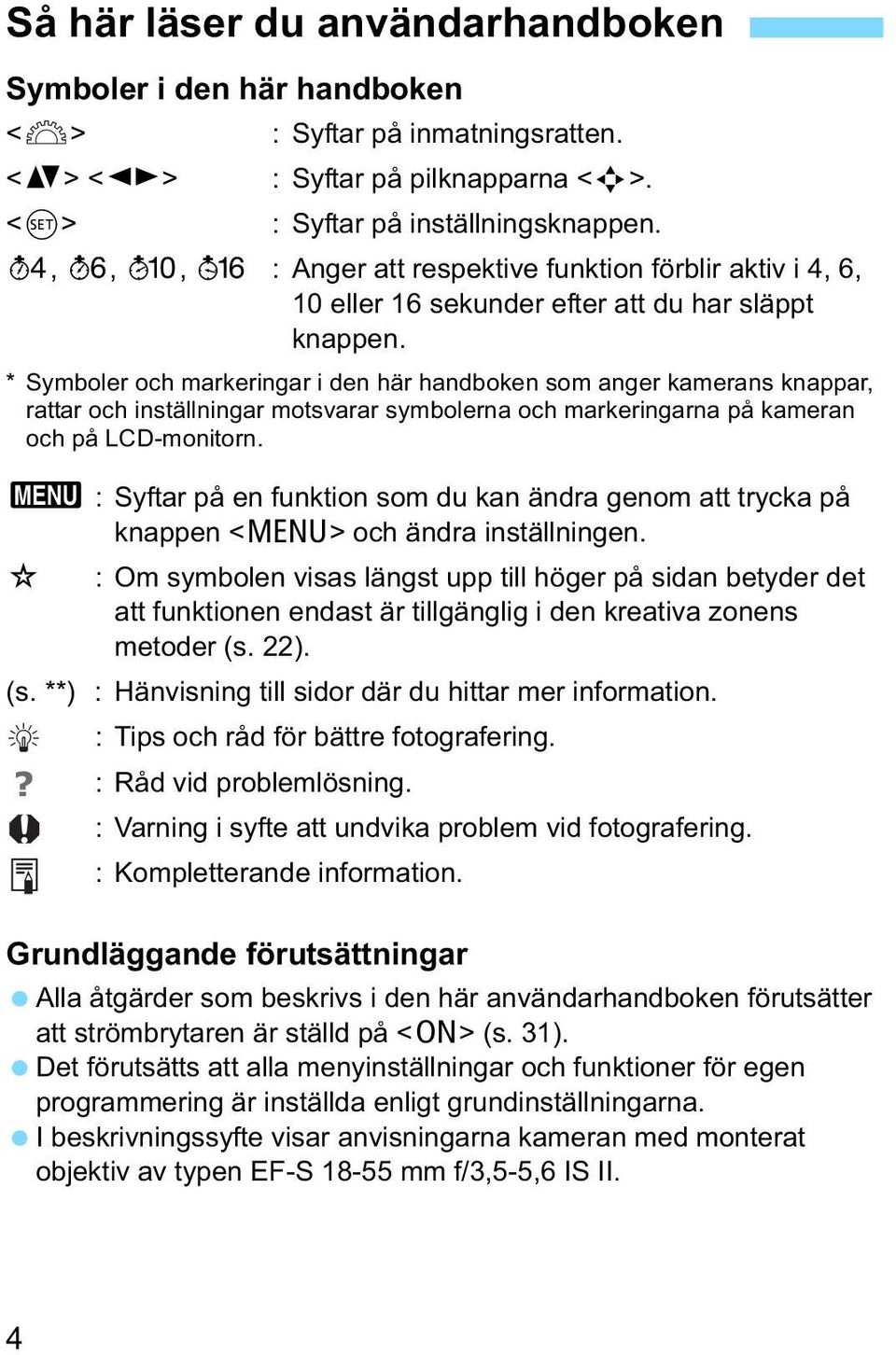 * Symboler och mareringar i den här handboen som anger amerans nappar, rattar och inställningar motsvarar symbolerna och mareringarna på ameran och på LCD-monitorn.