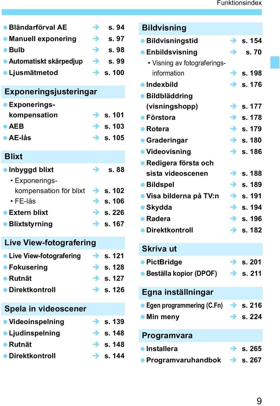 128 Rutnät s. 127 Diretontroll s. 126 Spela in videoscener Videoinspelning s. 139 Ljudinspelning s. 148 Rutnät s. 148 Diretontroll s. 144 Bildvisning Bildvisningstid s. 154 Enbildsvisning s.