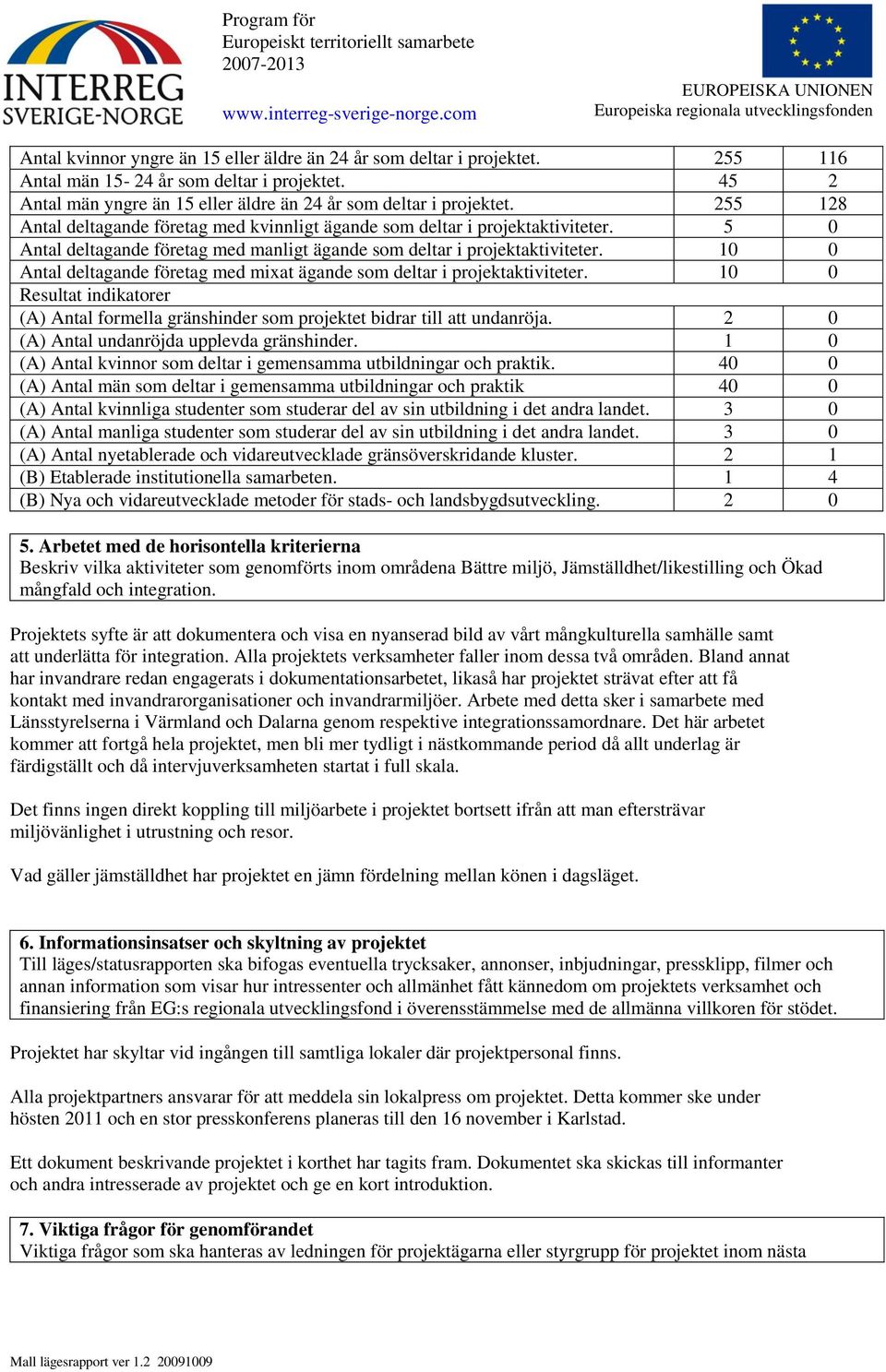 10 0 Antal deltagande företag med mixat ägande som deltar i projektaktiviteter. 10 0 Resultat indikatorer (A) Antal formella gränshinder som projektet bidrar till att undanröja.