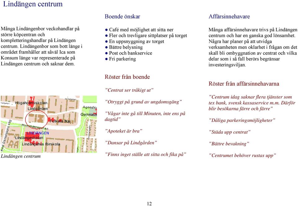Lindängen centrum Boende önskar Café med möjlighet att sitta ner Fler och trevligare sittplatser på torget En uppsnyggning av torget Bättre belysning Post och bankservice Fri parkering Röster från