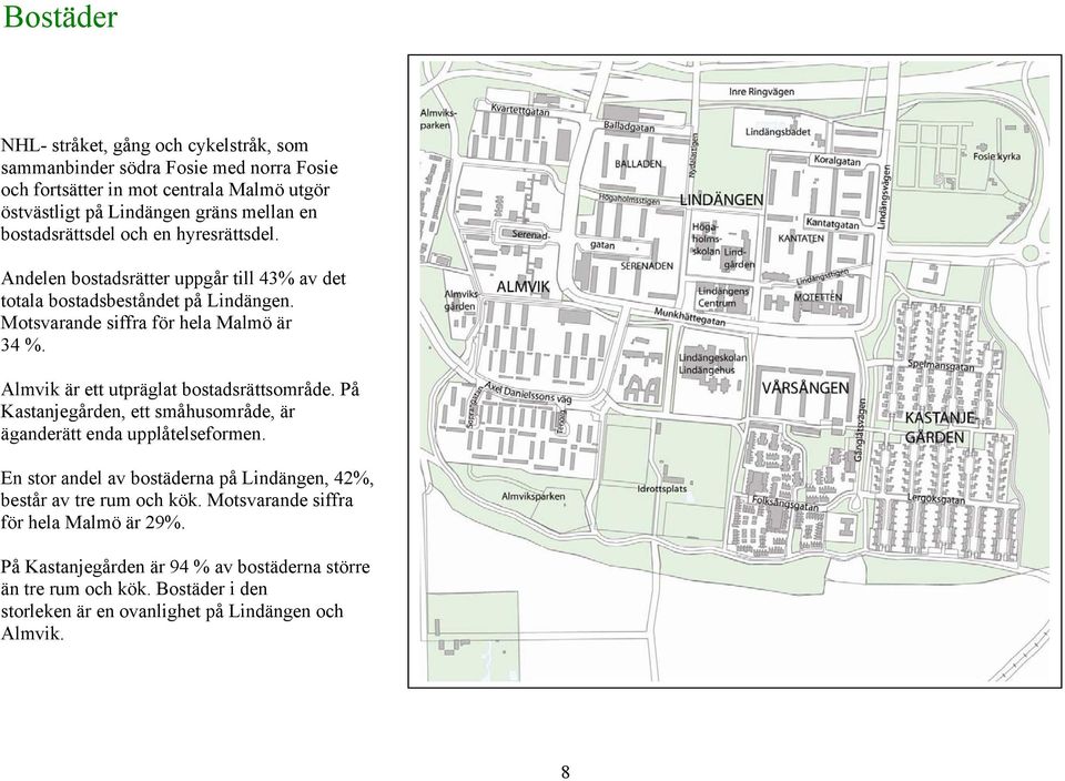 Almvik är ett utpräglat bostadsrättsområde. På Kastanjegården, ett småhusområde, är äganderätt enda upplåtelseformen.