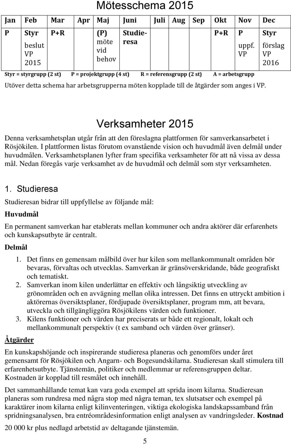 Styr förslag VP 2016 Verksamheter 2015 Denna verksamhetsplan utgår från att den föreslagna plattformen för samverkansarbetet i Rösjökilen.