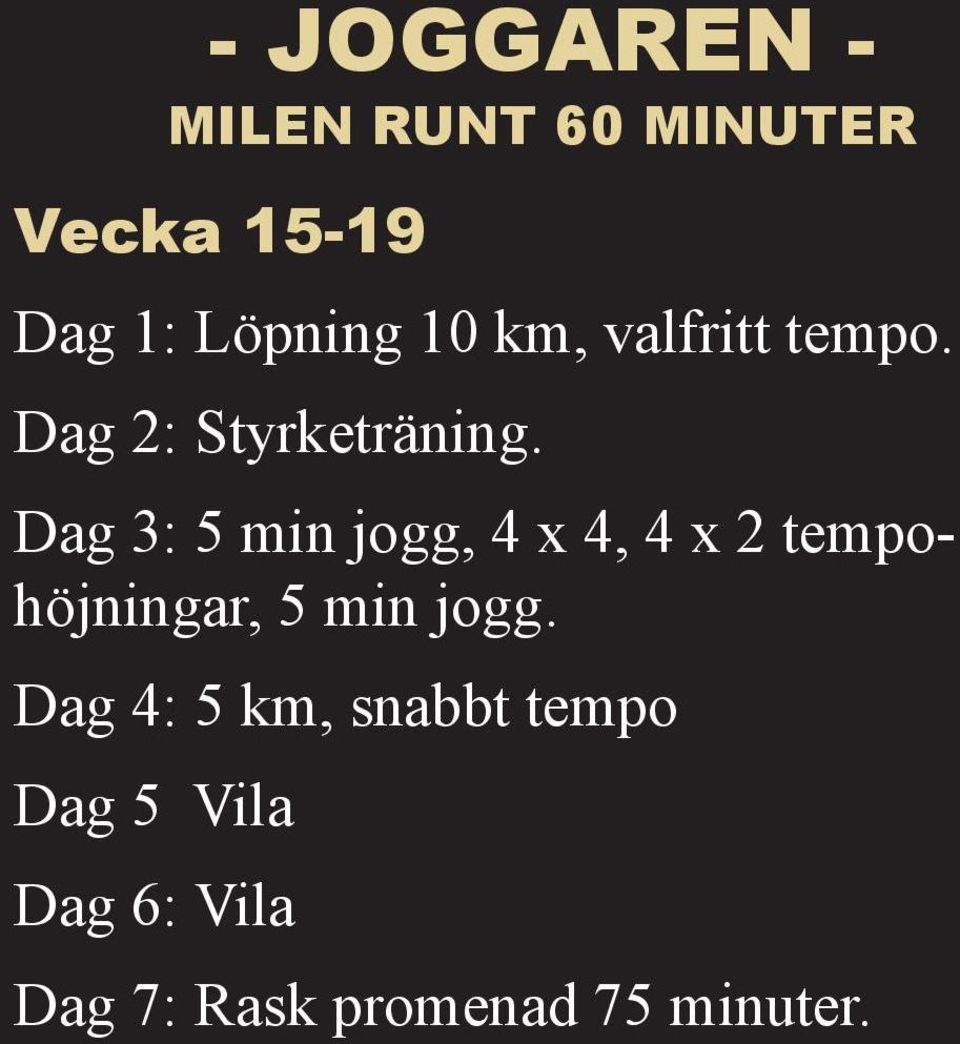 Dag 3: 5 min jogg, 4 x 4, 4 x 2 tempohöjningar, 5 min jogg.