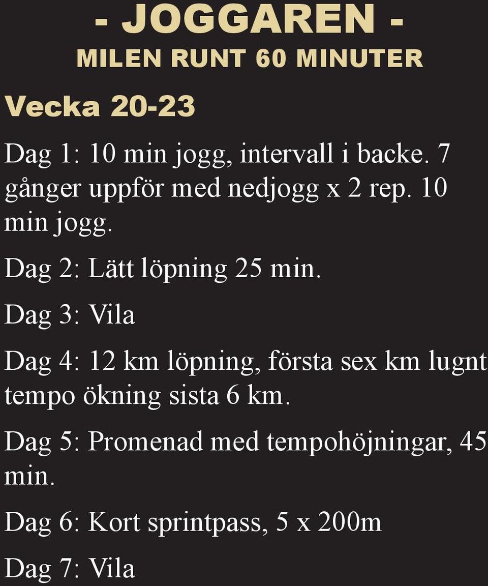 Dag 3: Vila Dag 4: 12 km löpning, första sex km lugnt tempo ökning sista 6 km.