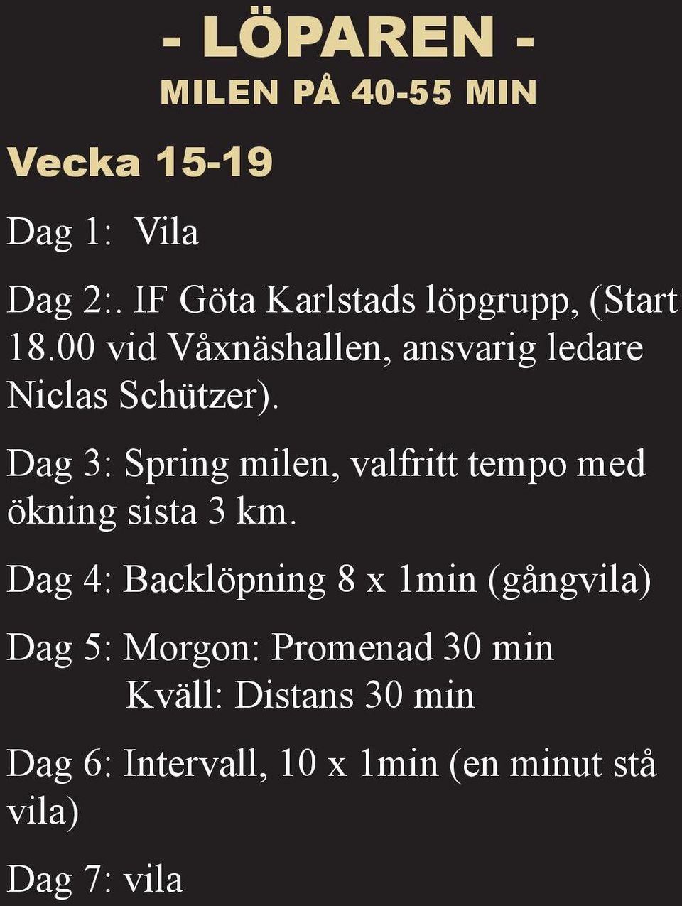 Dag 3: Spring milen, valfritt tempo med ökning sista 3 km.