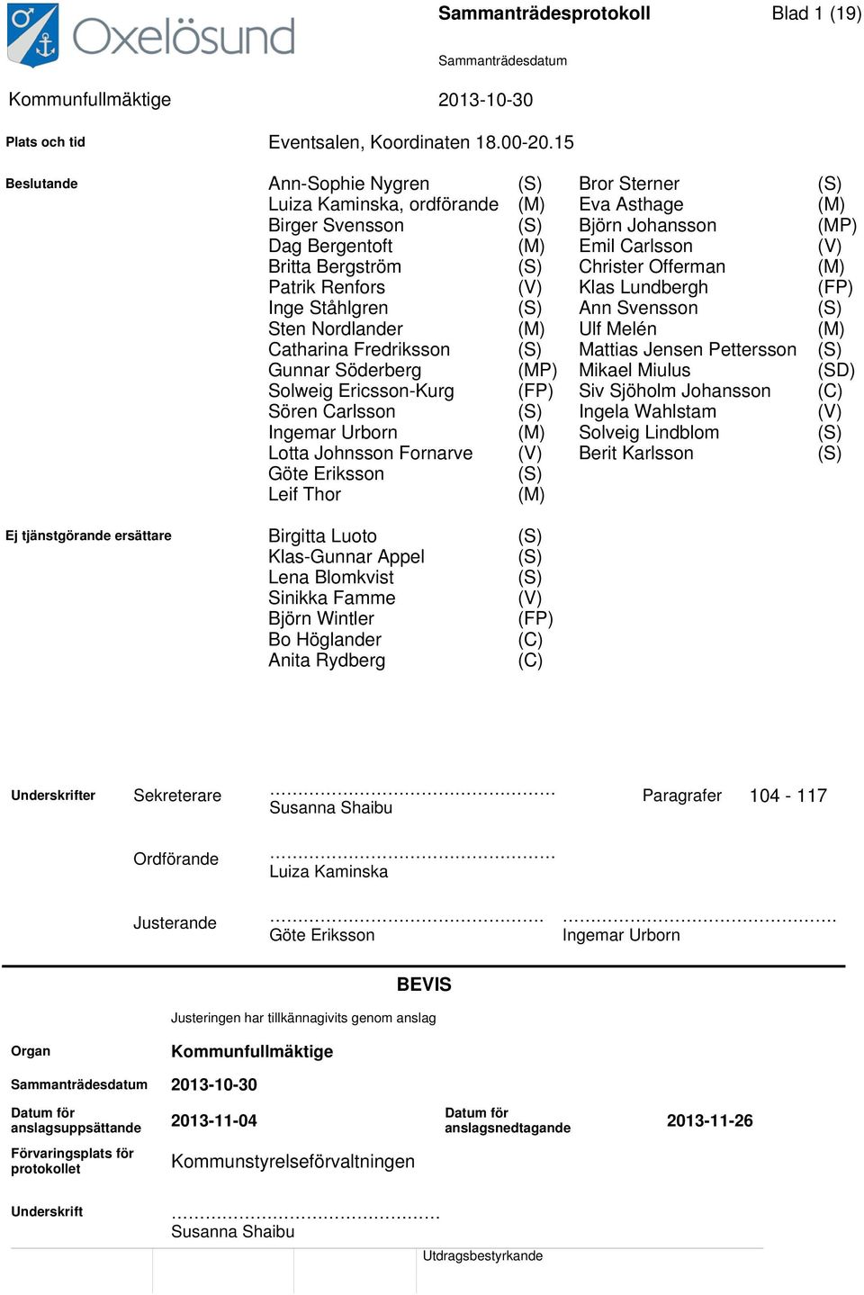 Christer Offerman (M) Patrik Renfors (V) Klas Lundbergh (FP) Inge Ståhlgren (S) Ann Svensson (S) Sten Nordlander (M) Ulf Melén (M) Catharina Fredriksson (S) Mattias Jensen Pettersson (S) Gunnar