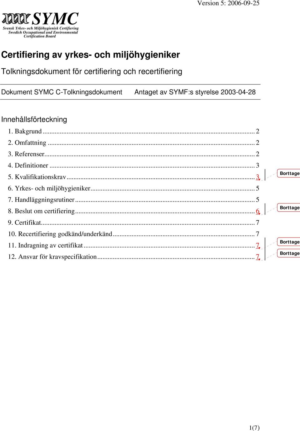 1. Bakgrund... 2 2. Omfattning... 2 3. Referenser... 2 4. Definitioner... 3 5. Kvalifikationskrav... 3 6. Yrkes- och miljöhygieniker... 5 7. Handläggningsrutiner.