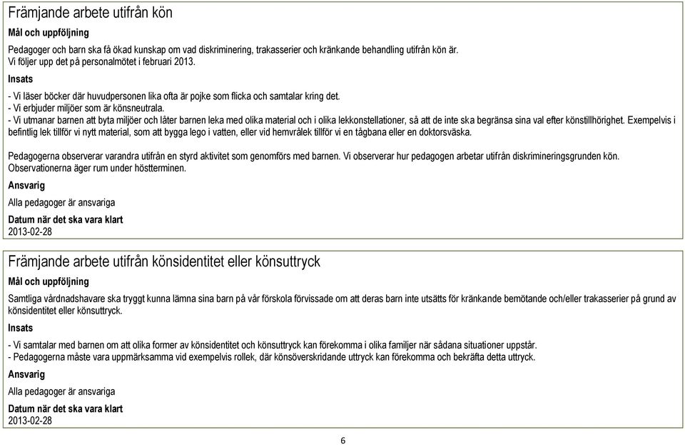 - Vi utmanar barnen att byta miljöer och låter barnen leka med olika material och i olika lekkonstellationer, så att de inte ska begränsa sina val efter könstillhörighet.