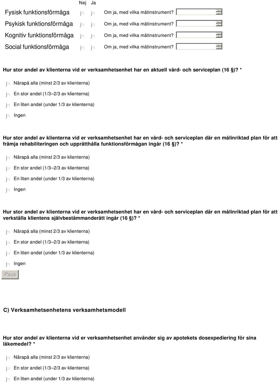 * Hur stor andel av klienterna vid er verksamhetsenhet har en vård- och serviceplan där en målinriktad plan för att främja rehabiliteringen och upprätthålla funktionsförmågan ingår (1 )?