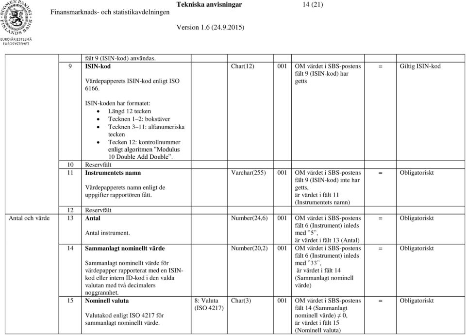 alfanumeriska tecken Tecken 12: kontrollnummer enligt algoritmen Modulus 10 Double Add Double. 10 Reservfält 11 Instrumentets namn Värdepapperets namn enligt de uppgifter rapportören fått.