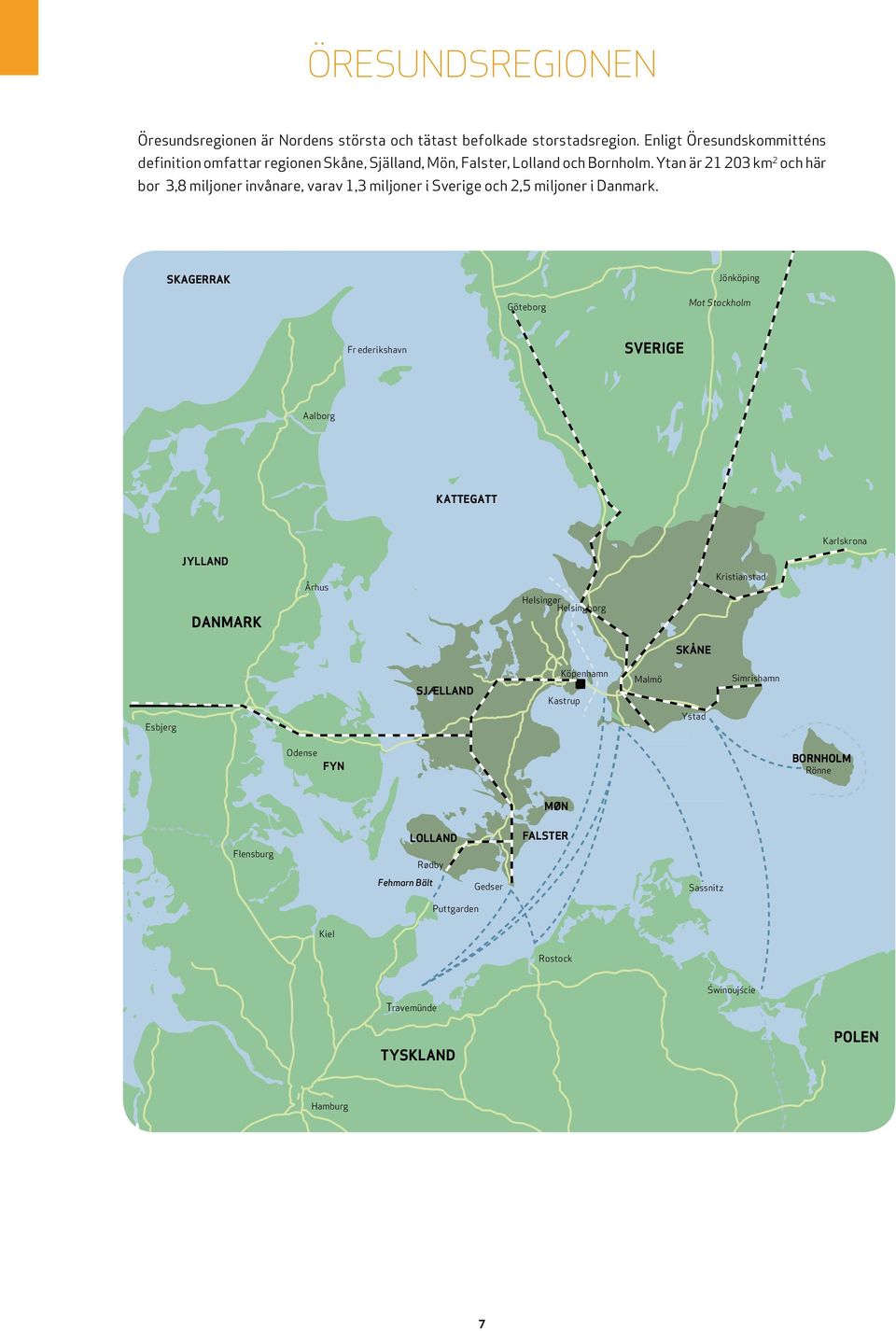 Ytan är 21 203 km 2 och här bor 3,8 miljoner invånare, varav 1,3 miljoner i Sverige och 2,5 miljoner i Danmark.