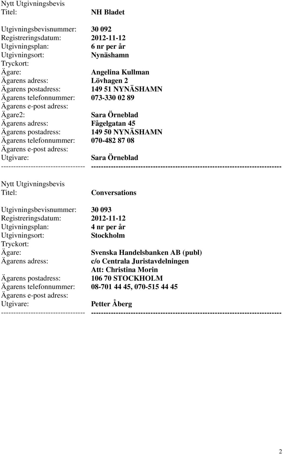 Örneblad --------- Conversations 30 093 Svenska Handelsbanken AB (publ) c/o Centrala