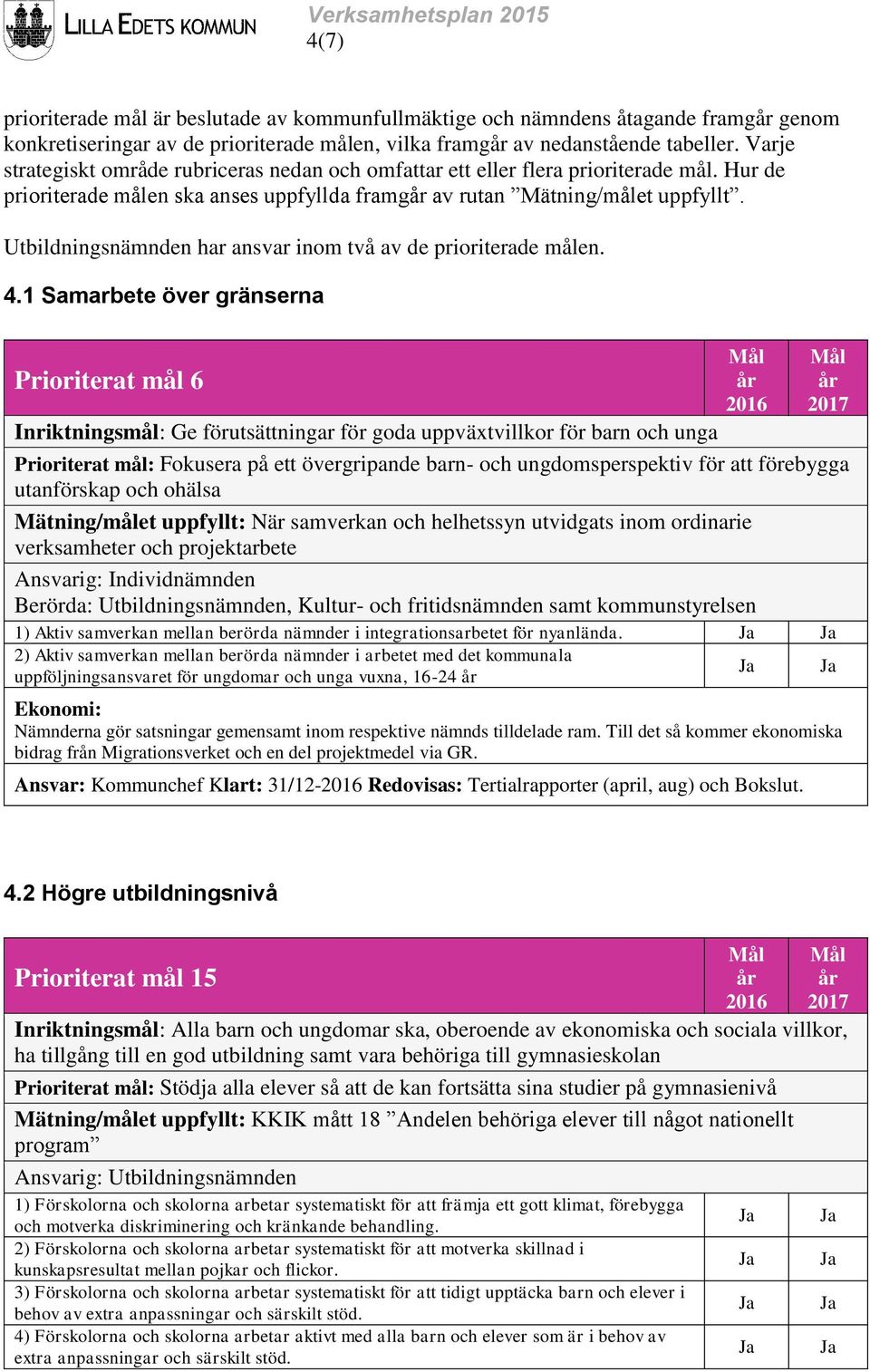 Utbildningsnämnden har ansvar inom två av de prioriterade målen. 4.