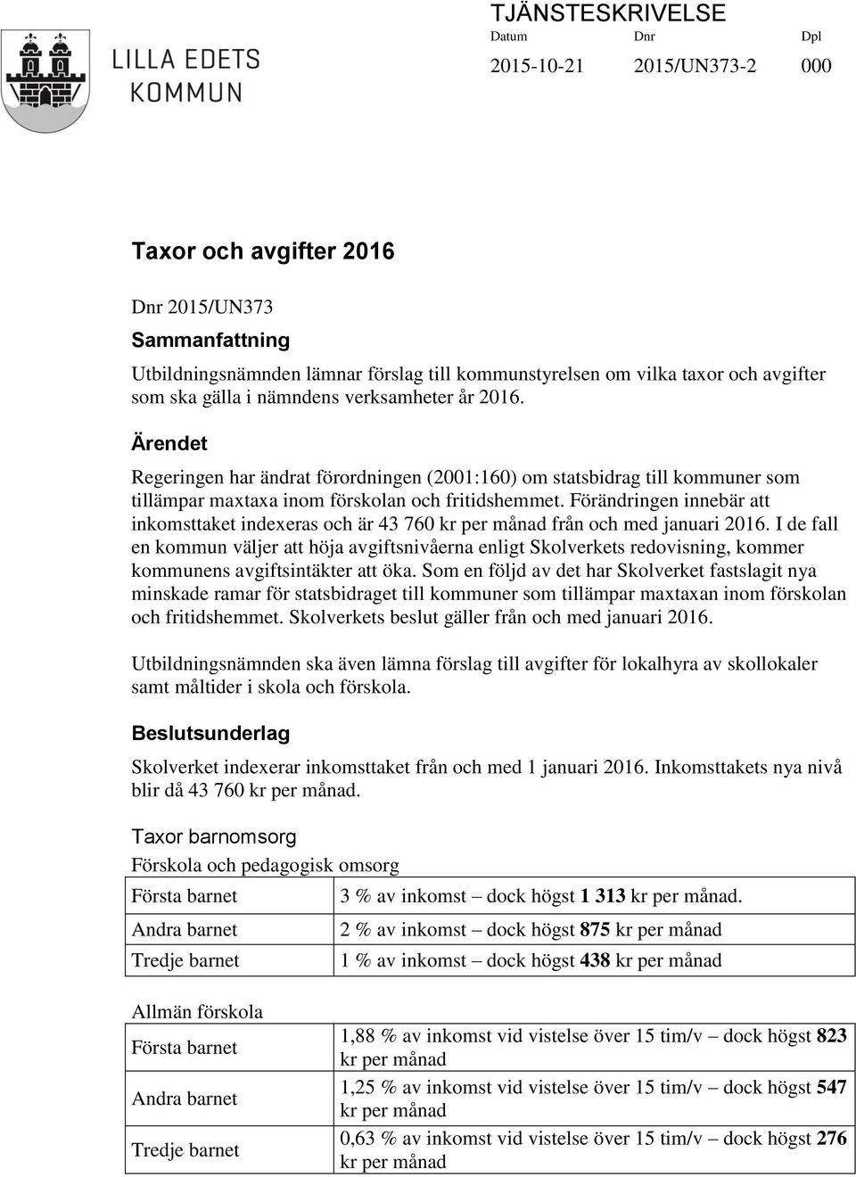 Förändringen innebär att inkomsttaket indexeras och är 43 760 kr per månad från och med januari 2016.