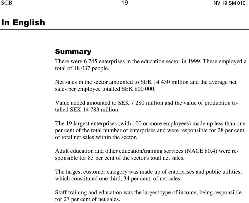 Value added amounted to SEK 7 280 million and the value of production totalled SEK 14 783 million.