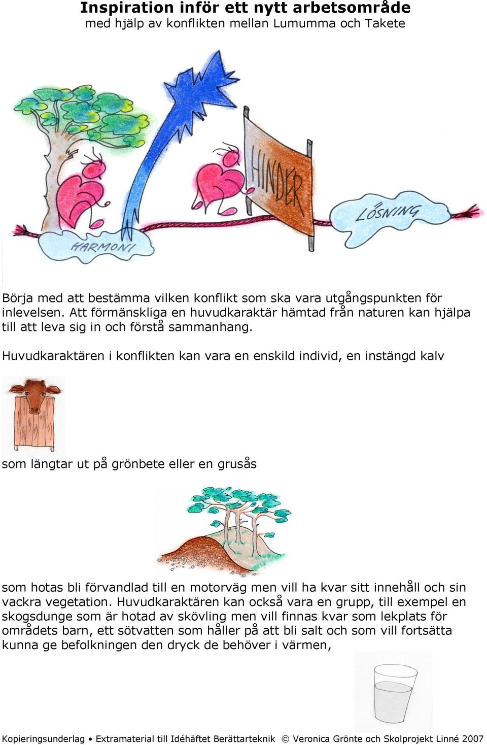 Huvudkaraktären i konflikten kan vara en enskild individ, en instängd kalv som längtar ut på grönbete eller en grusås som hotas bli förvandlad till en motorväg men vill ha kvar sitt innehåll