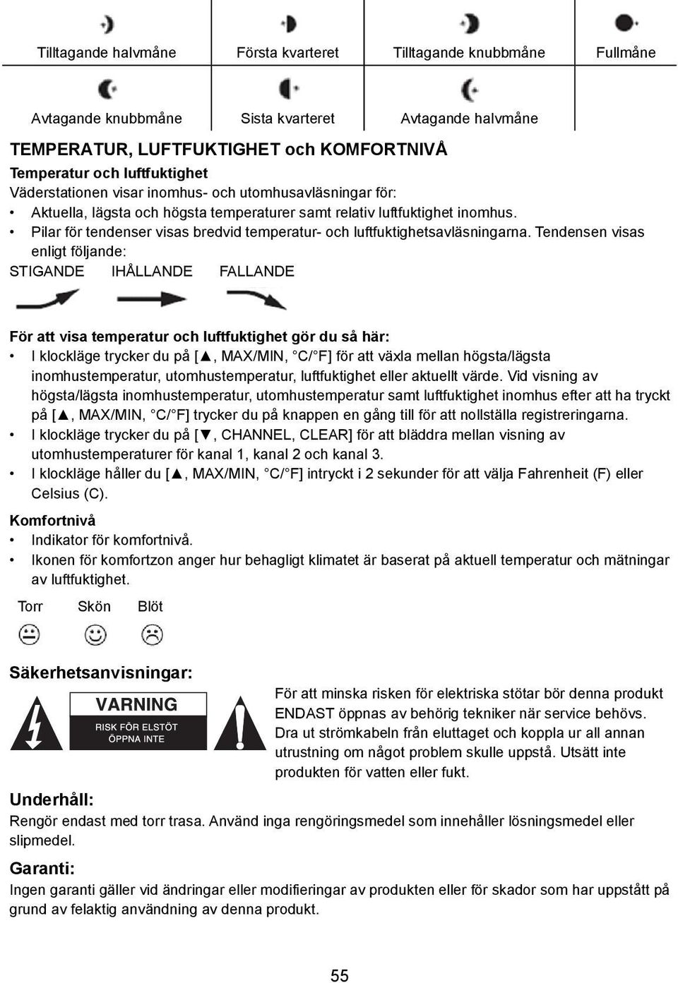 Pilar för tendenser visas bredvid temperatur- och luftfuktighetsavläsningarna.