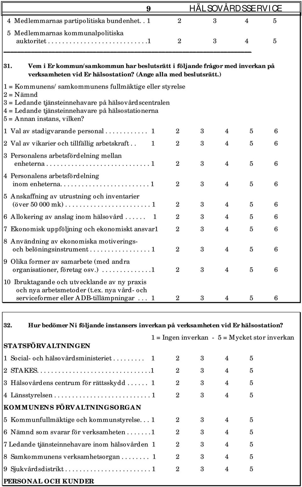 ) 1 = Kommunens/samkommunens fullmäktige eller styrelse 2 = Nämnd 3 = Ledande tjänsteinnehavare på hälsovårdscentralen 4 = Ledande tjänsteinnehavare på hälsostationerna 5 = Annan instans, vilken?