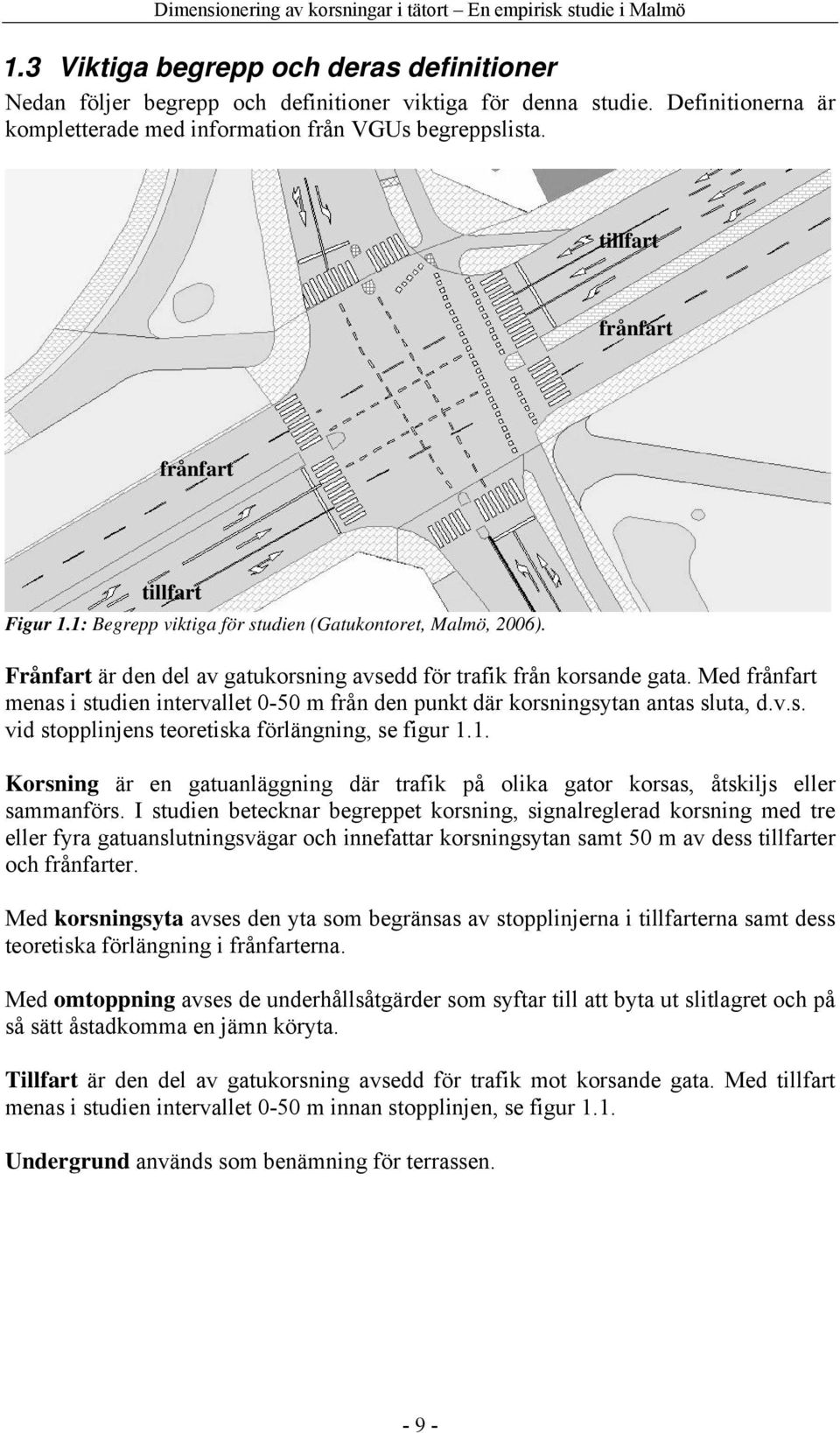 Med frånfart menas i studien intervallet 0-50 m från den punkt där korsningsytan antas sluta, d.v.s. vid stopplinjens teoretiska förlängning, se figur 1.