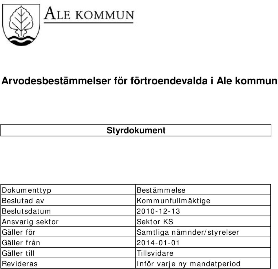 2010-12-13 Ansvarig sektor Sektor KS Gäller för Samtliga