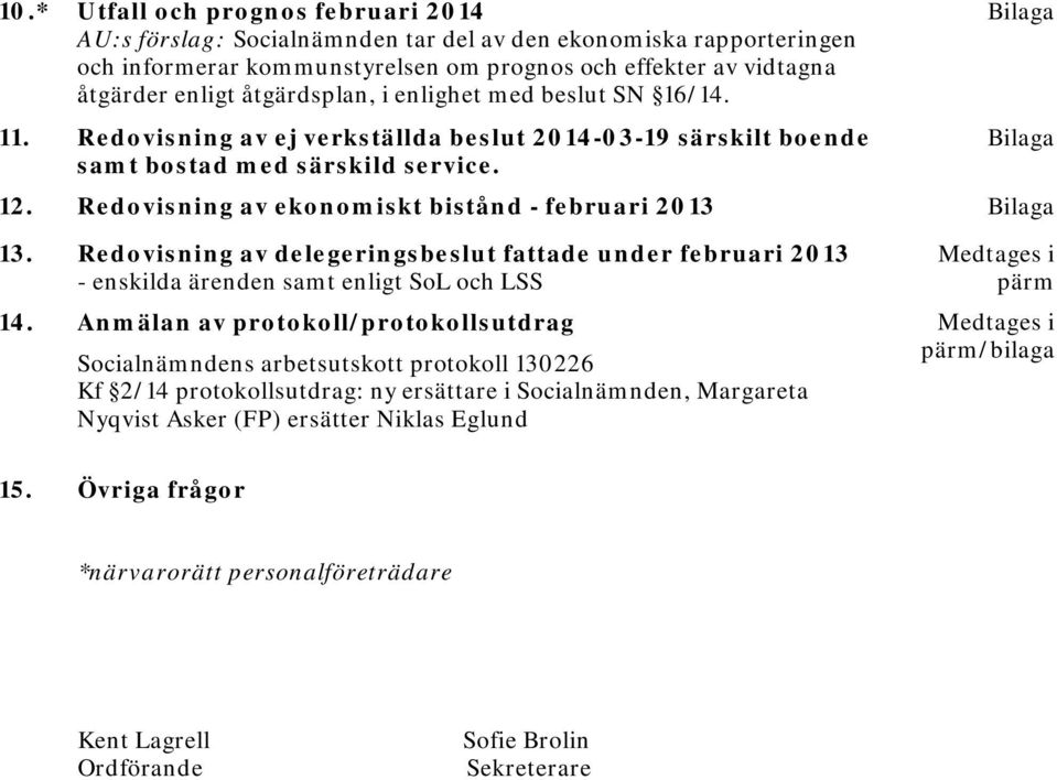 Redovisning av ekonomiskt bistånd - februari 2013 Bilaga 13. Redovisning av delegeringsbeslut fattade under februari 2013 - enskilda ärenden samt enligt SoL och LSS 14.